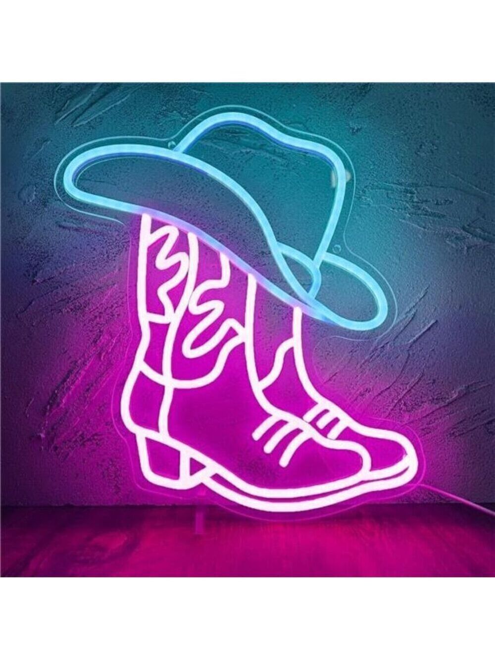 Cowboy Boot Hat Neon Sign, LED Pink Cowgirl Wall Decor, Pink Aesthetic Western